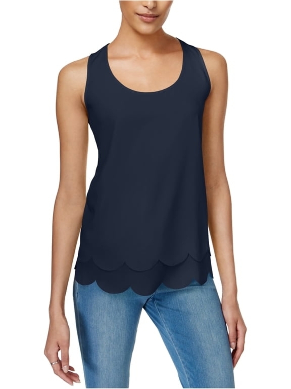New Navy Scallop Hem Tank sleeveless blouse top